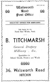 B Titchmarsh, an advertisement for the Walsworth Road Post Office